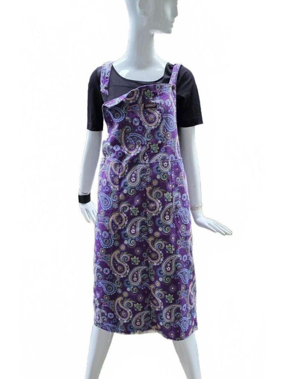 Run and Fly Purple Paisley Stretch Twill Longer Length Pinafore Dress M/L